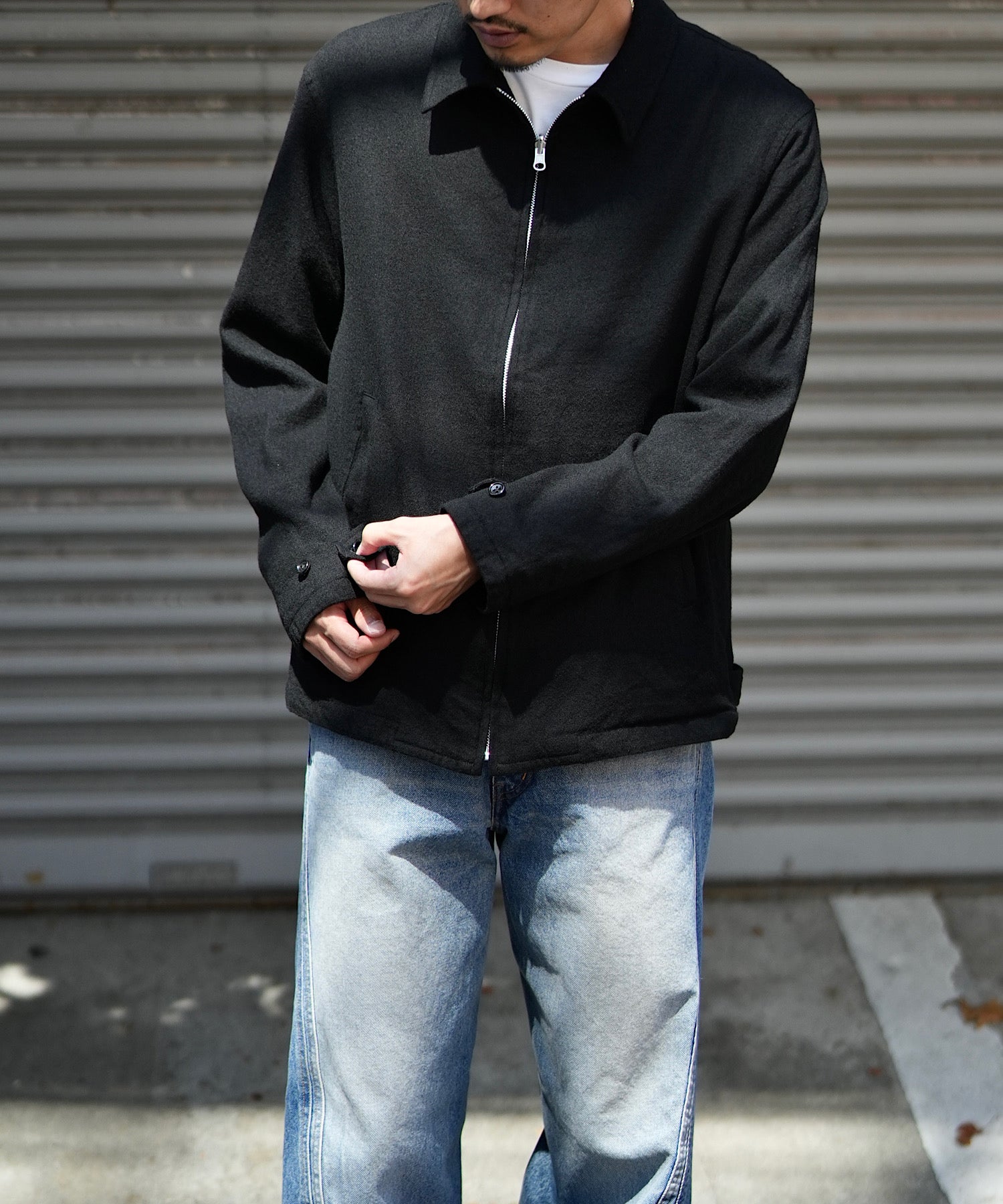 Washed wool zip up jacket "BLACK"