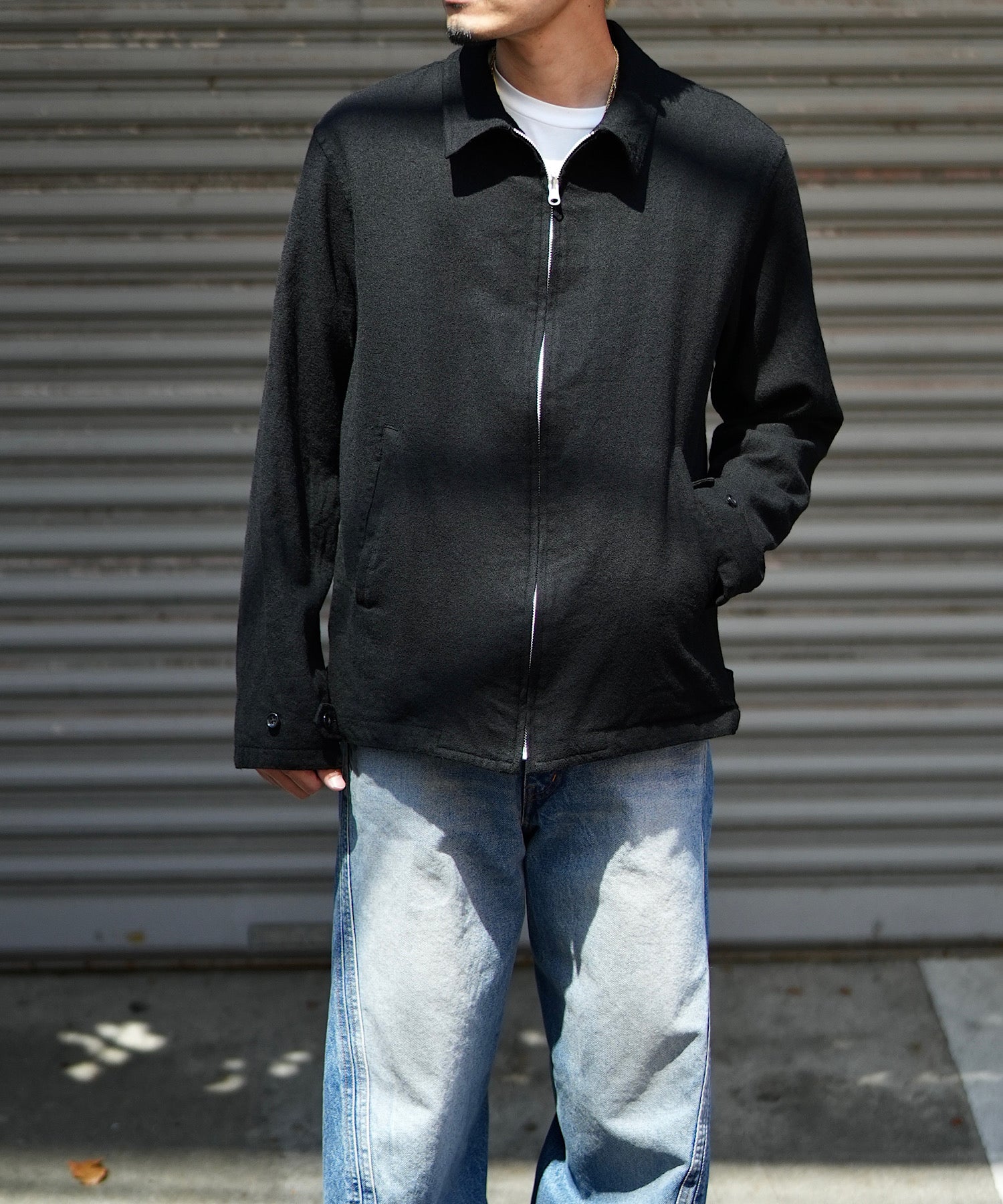 Washed wool zip up jacket "BLACK"