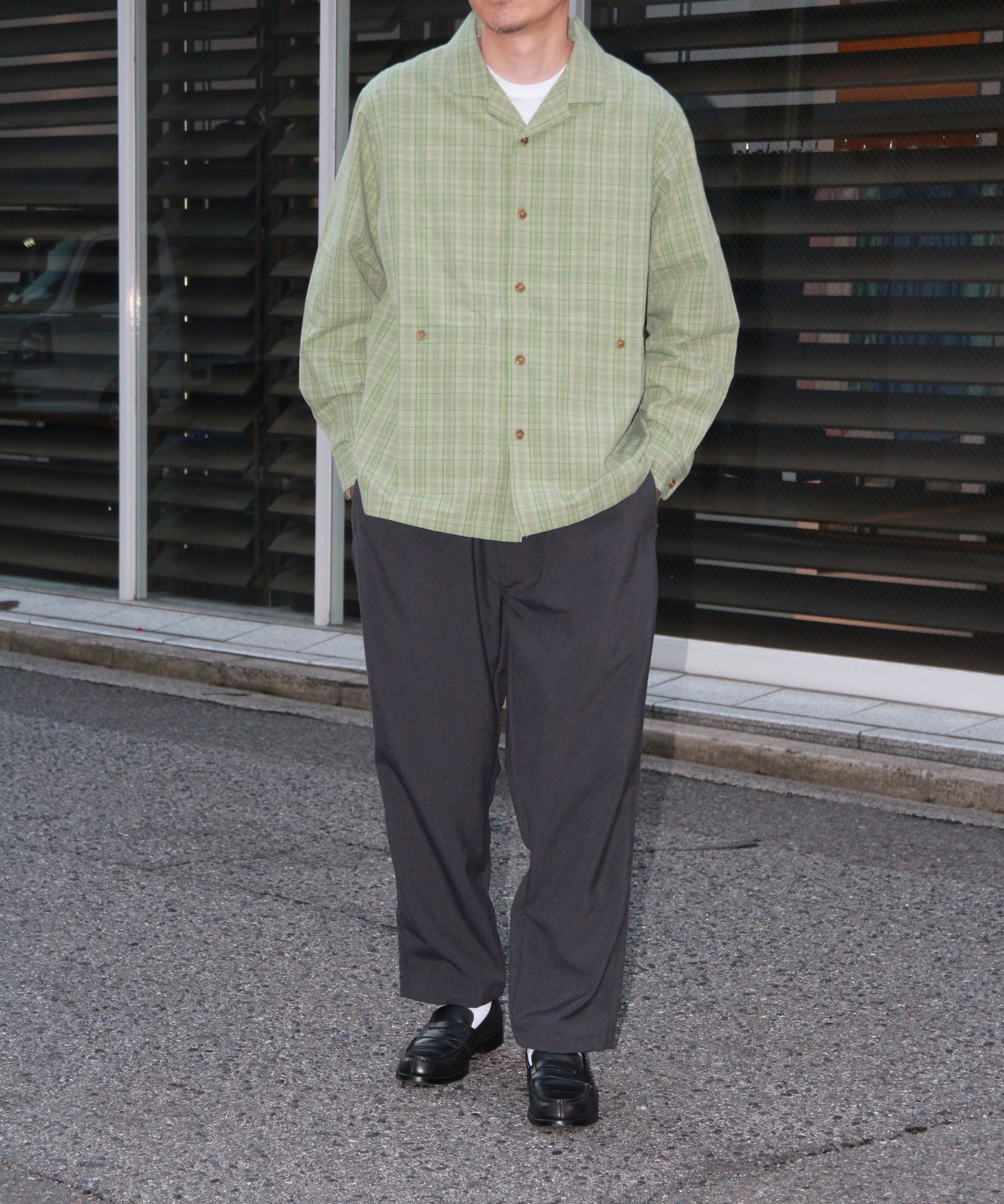 LINEN MIX O/C SHIRT "GREEN CHECK"