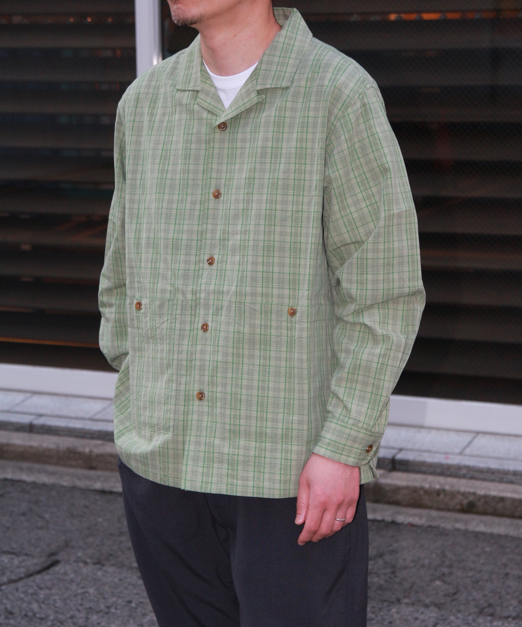 LINEN MIX O/C SHIRT "GREEN CHECK"