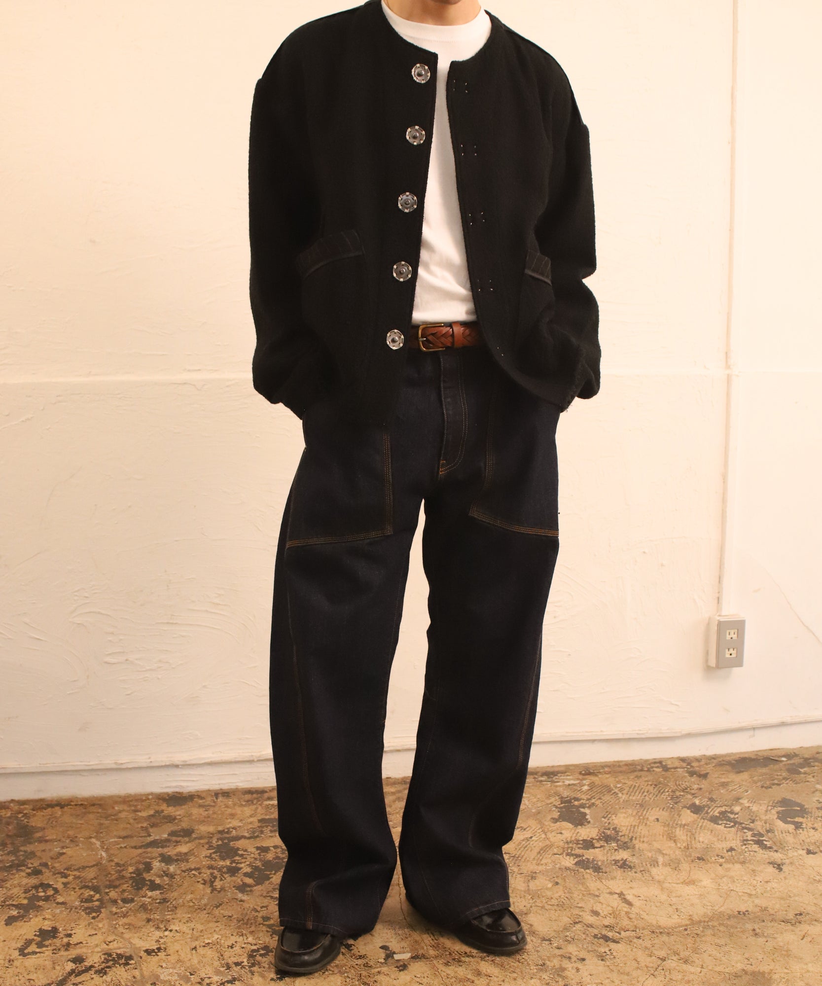 No-collar wool jacket "BLACK"