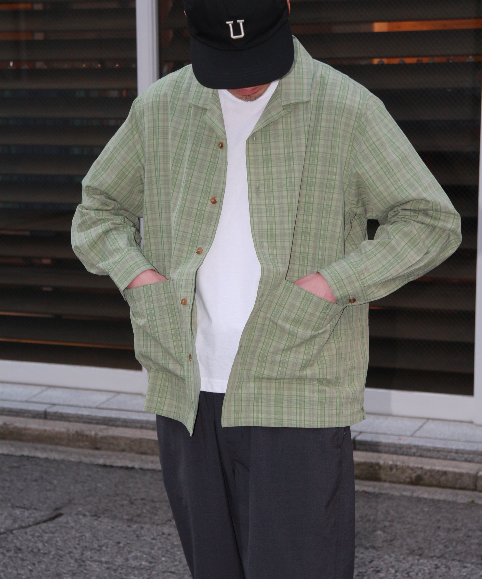 LINEN MIX O/C SHIRT "GREEN CHECK"