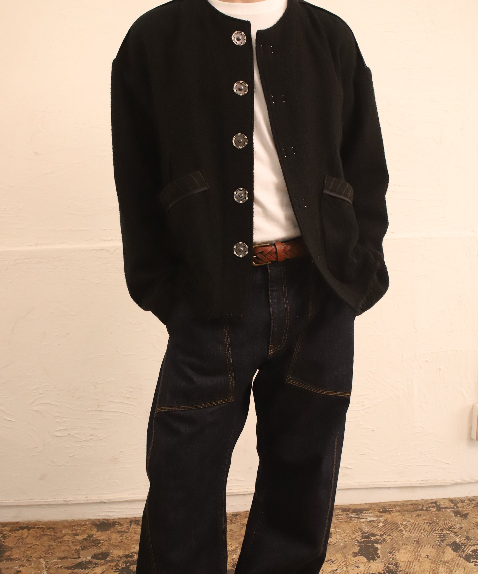 No-collar wool jacket "BLACK"
