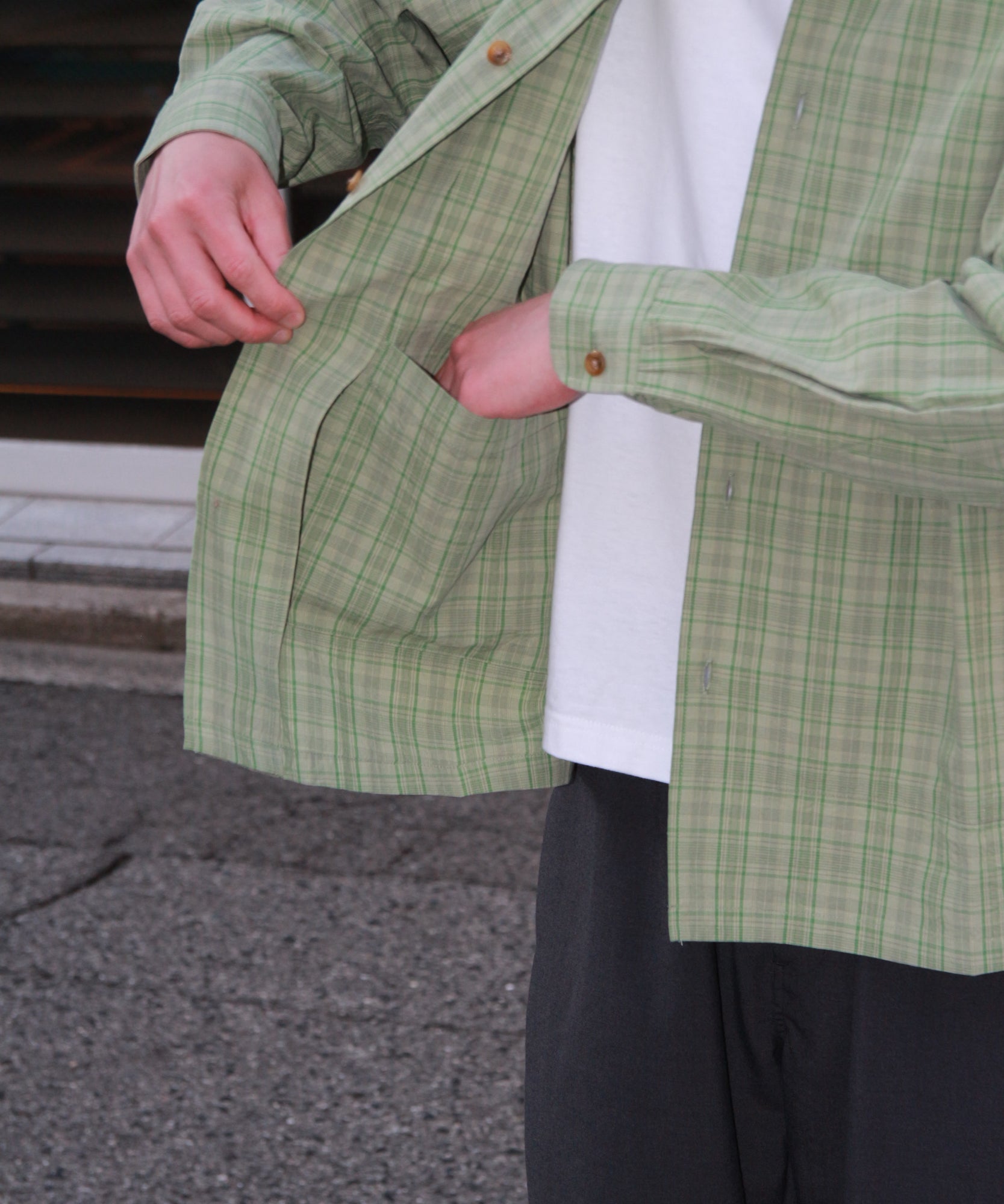 LINEN MIX O/C SHIRT "GREEN CHECK"
