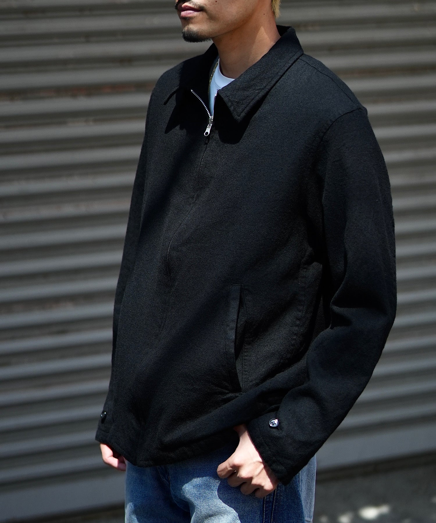 Washed wool zip up jacket "BLACK"